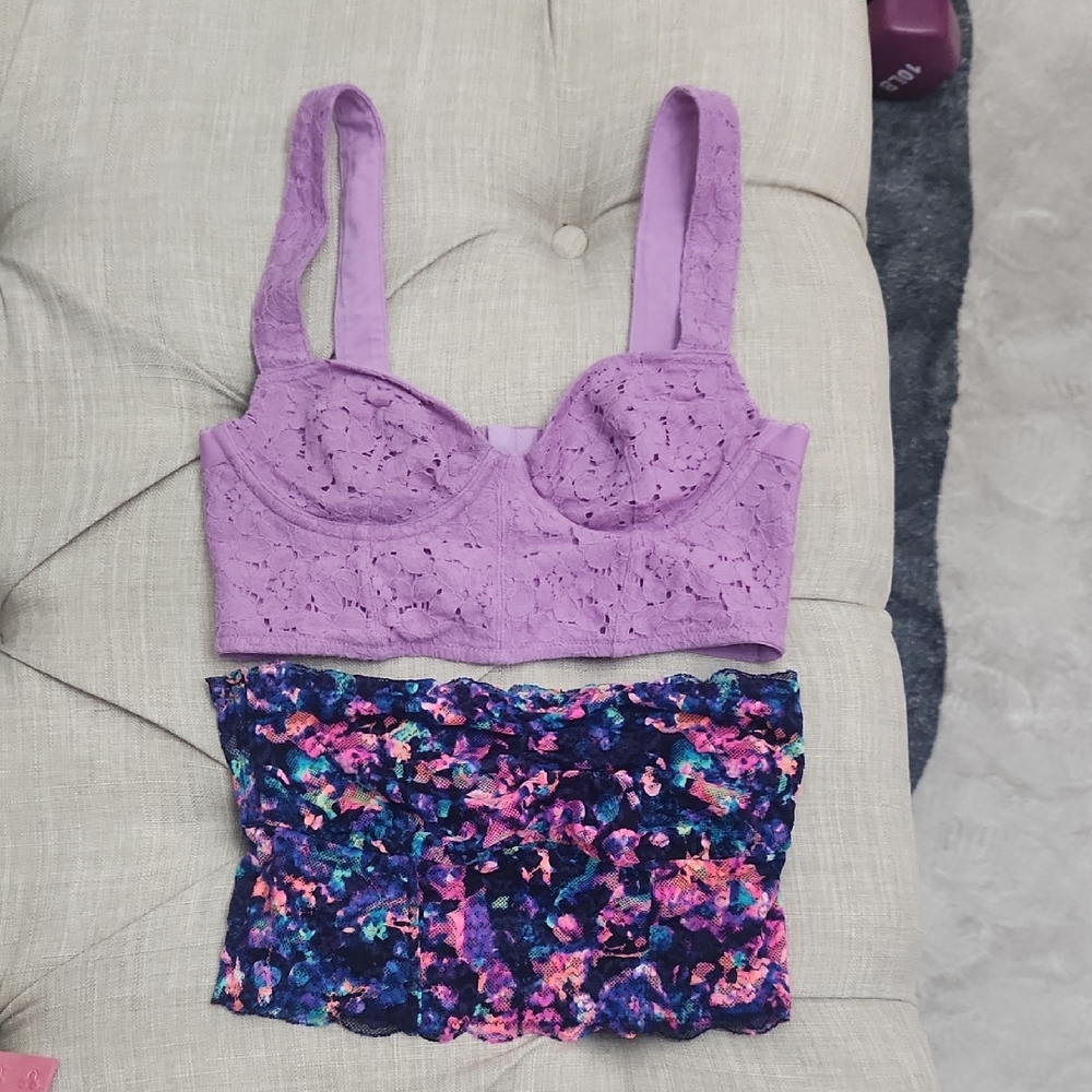 PINK Victoria's Secret Multicolor Lace Bralette and Purple Bandeau Set